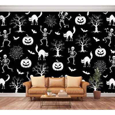 Wall Mural Peel and Stick Wallpaper Halloween Skeletons Jack-o'-lanterns Spooky Cats Bats Black Self-Adhesive Removable Contact Paper Wall Decor for Living Room Bedroom 100"H x 144"W