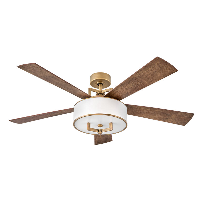 56" Hampton 5 - Blade LED Standard Ceiling Fan with Wall Control and Light Kit Included, Heritage Brass, Matte White