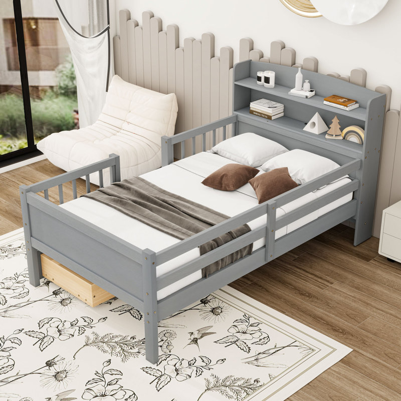Lit plateforme simple en bois avec tiroirs de rangement, tablettes, port USB et lumière DEL, Gris