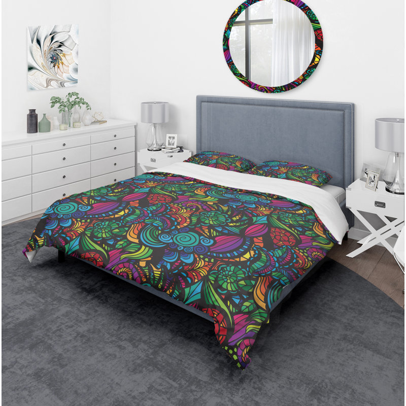 Mosaic Pattern with Flowers - Bohemian Abstract Duvet Cover Set - Microfiber Polyester, King Duvet Cover + 2 Shams