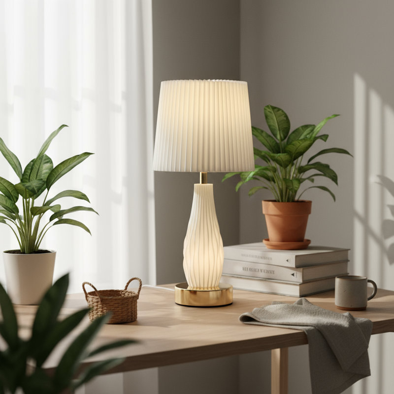 Lampe de table à DEL imprimée en 3D avec base lumineuse, lampe de bureau moderne à abat-jour en tissu plissé, lampe de chevet rechargeable USB pour chambre à coucher, salon, entrée