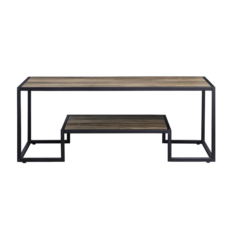 Table basse rectangulaire rectangulaire en chêne rustique et noir avec cadre en métal à 1 étage, plateau de 15 mm enveloppé dans un bord en placage de papier Pu, Concepts de design avant et arrière