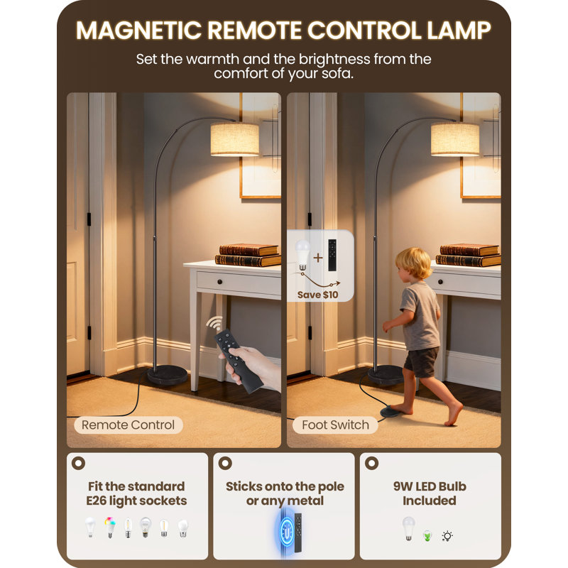 Lampe sur pied arquée à intensité variable 75 po avec télécommande et pédale 75 po
