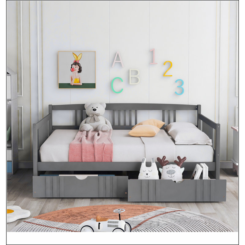 Daybed Wood Bed with Two Drawers, Gray, Full