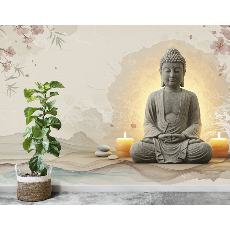 Murale zen Bouddha spa - Papier peint méditation minimaliste avec des vagues de cerisiers en fleurs - Aquarelle neutre et bien-être 700RS (Peel-N-Stick) RS700