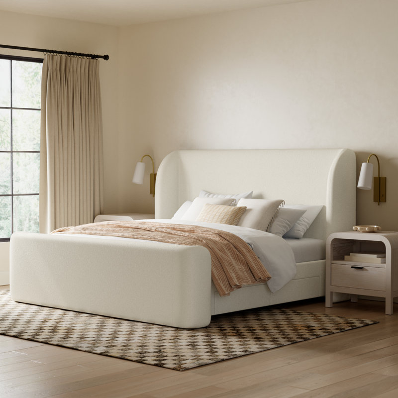 Novi Lizzie Upholstered Storage Bed, King, Cream Boucle