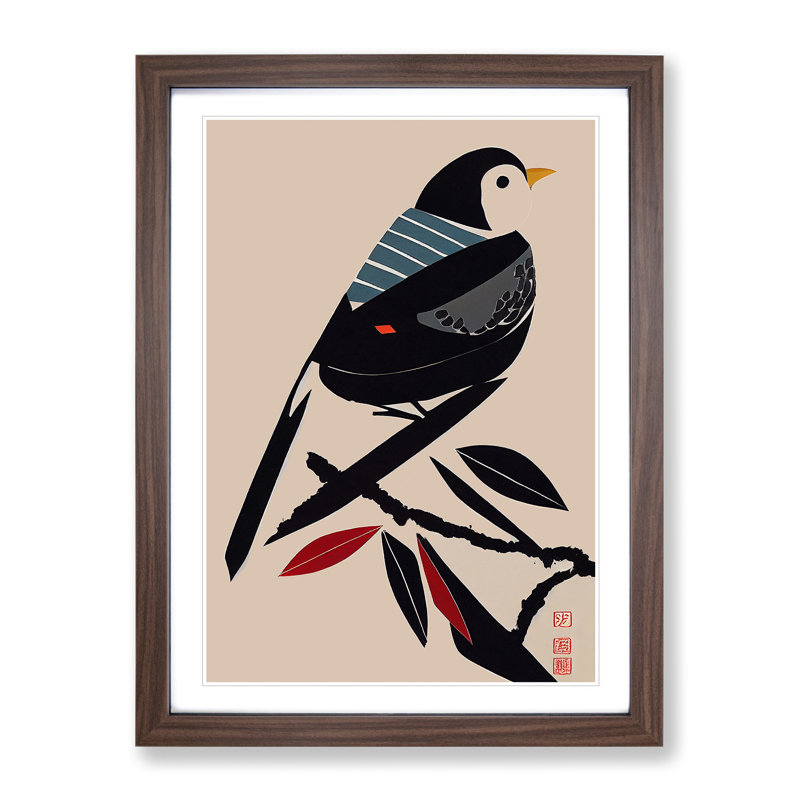 A Japanese Bird - Single Picture Frame Print, 64cm H x 46cm W x 2cm D, Walnut Framed
