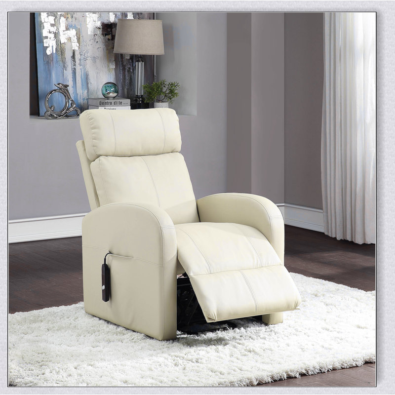 Fauteuil inclinable électrique en cuir synthétique Ricardo Beige avec mouvement, alliant confort et design moderne pour une détente ultime.