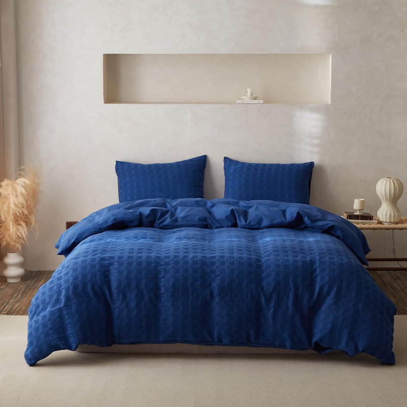 100% Waffle Weave Cotton Duvet Cover Set, Oversized King, Navy