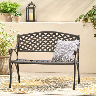 Outdoor Cast Aluminum Bench With Antique Copper - Accommodates Two, Basket-Weave Seat And Arm Design For Areas Holds Two People, Style by World Menagerie