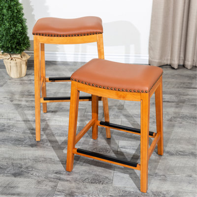Natural 24" Counter Stool With Saddle Leather Seat - Classy And Long-Lasting Natural, Bonded Seat, Comfortable Fashionable
