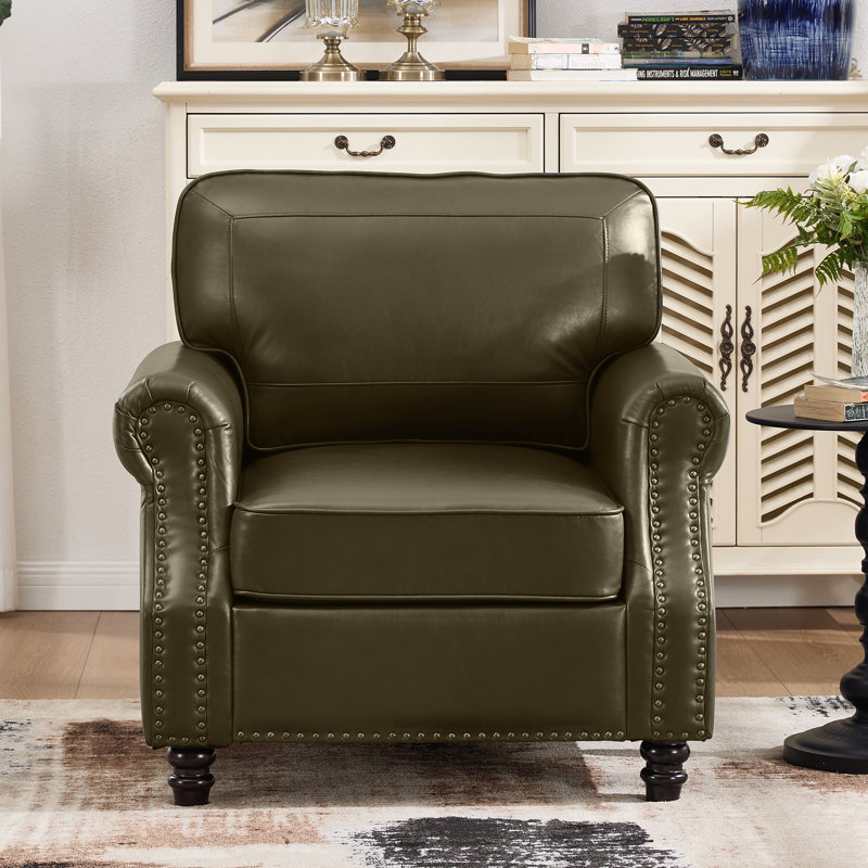 Upholstered Accent Chair Faux Leather Rolled Armchair, Olive Green