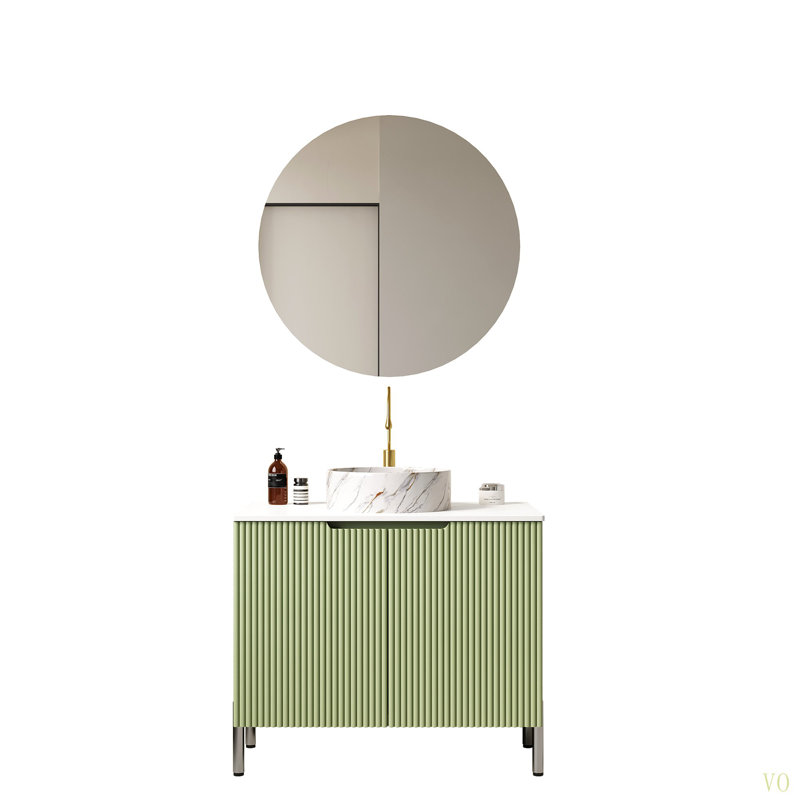 Meuble-lavabo de salle de bain 30 po avec lavabo, meuble de rangement autoportant avec 2 portes, lavabo rond en céramique avec motif en pierre et comptoir de Carrare, sans robinet