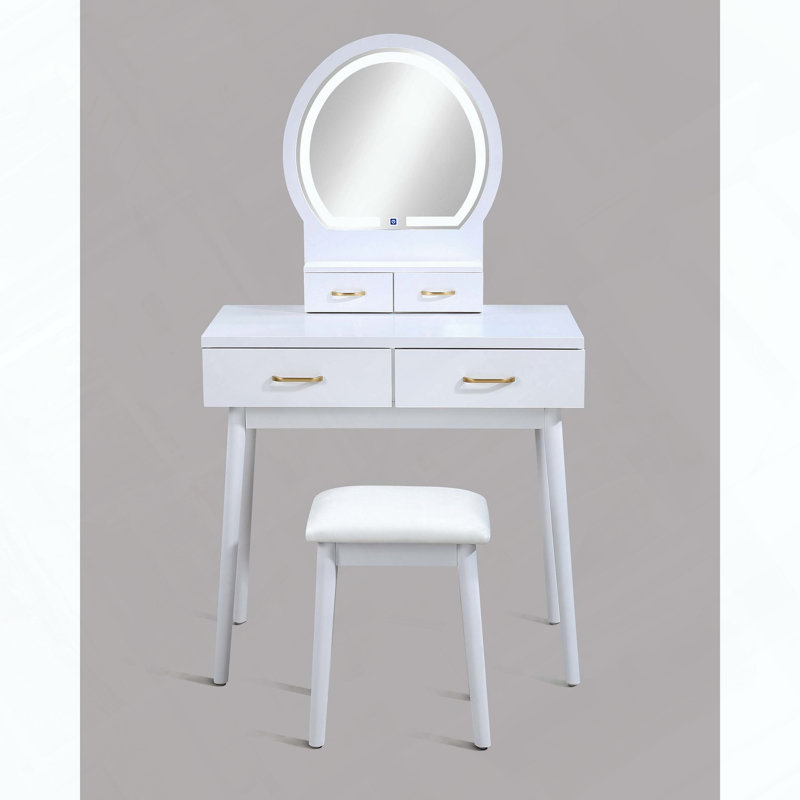 3-Piece Vanity Table and Stool Set with Built-in LED Mirror and Gold-Accented Handles, White