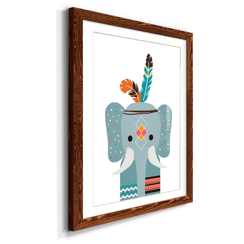 Boho Elephant - Reproduction d'art graphique encadré, Papier avec cadre érable, H 44 po x l 31 po x P 1 po, Blanc