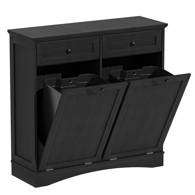Armoire à poubelle autoportante en bois à double basculement double avec tiroirs dissimulés, support de poubelle à l'épreuve des animaux de compagnie 2 x 13 gallons pour le salon de la cuisine