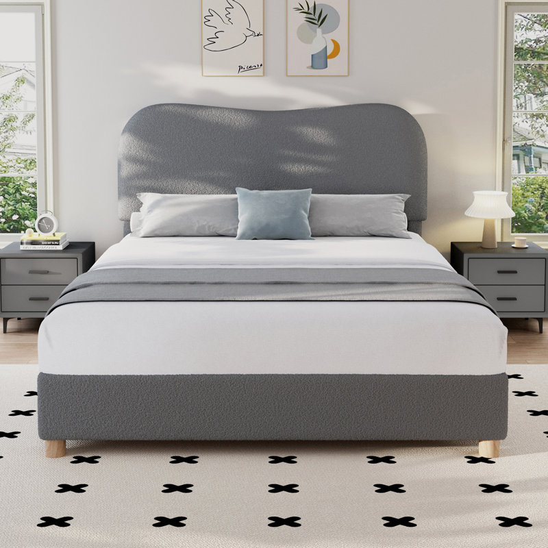 Modern Boucle Upholstered Bed with Adjustable Curved Headboard, Queen, Gray
