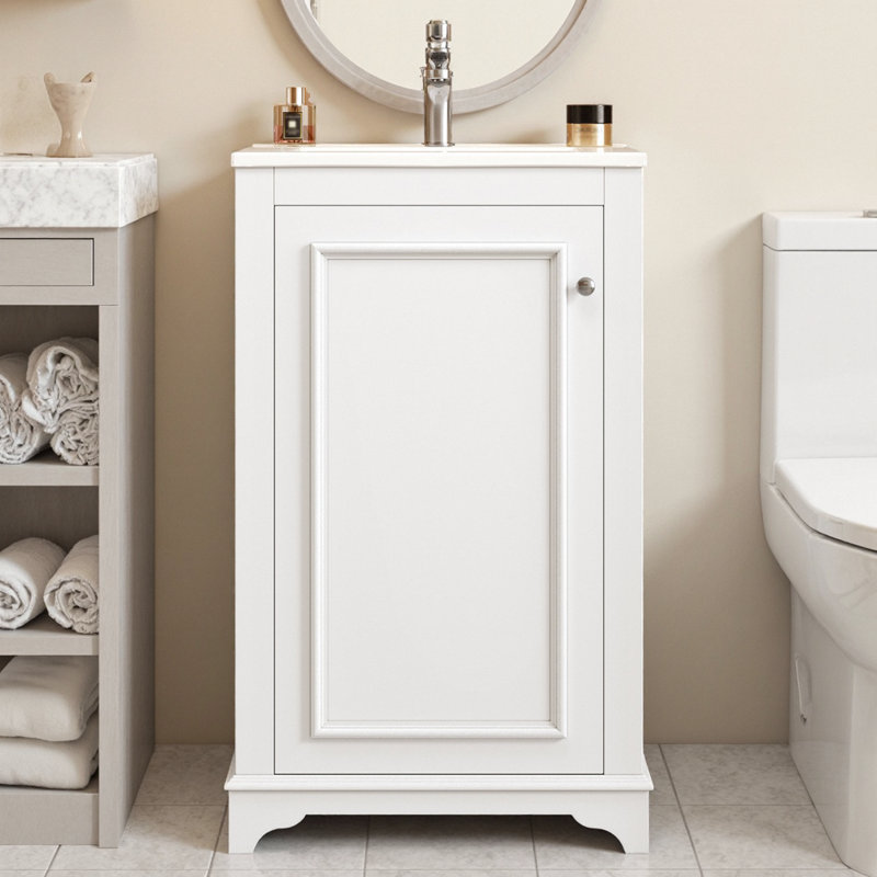 Meuble-lavabo autoportant moderne de 20 pouces avec lavabo intégré en céramique et porte ajustable en blanc, Blanc