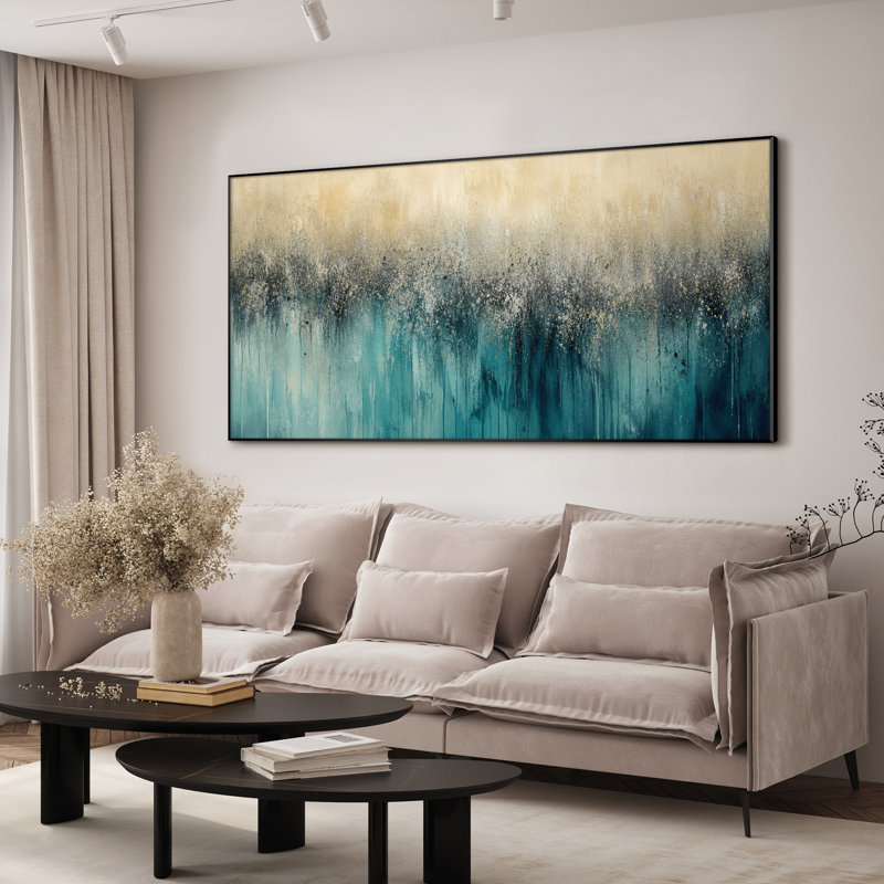 Très grand art mural imprimé sur toile - sarcelle abstraite herbe Horizon, décor de chambre à coucher contemporain - "Assemblage requis (cadre non fini)"