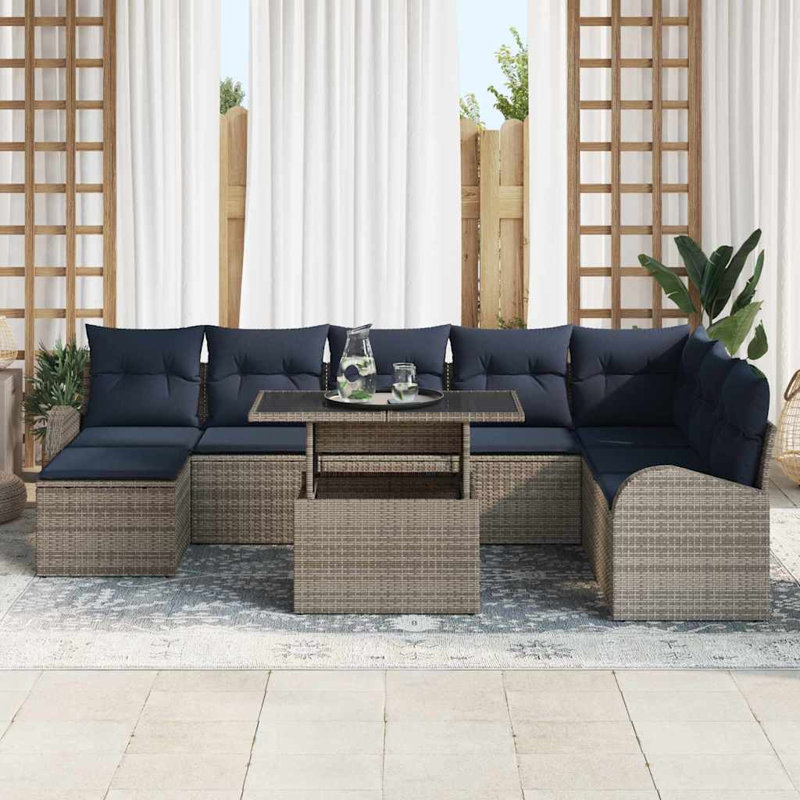 vidaXL Garden Sofa Set with Storage 9 pcs Grey and Navy Poly Rattan, Navy Blue Cushion/Grey Frame