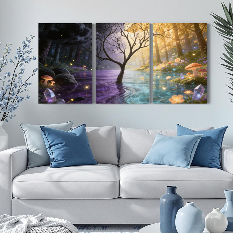 Forêt fantastique avec champignons et cristaux - Ensemble de 3 tableaux sur toile tendue, 2030