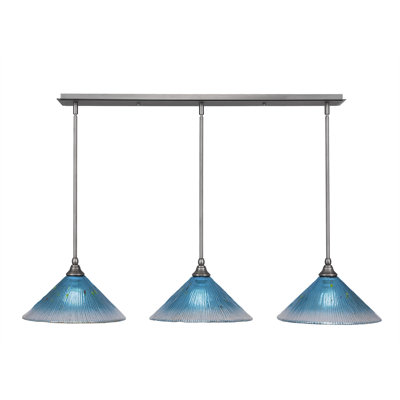 3 Light Stem Hung Linear Pendalier Shown With 12" Teal Crystal Glass