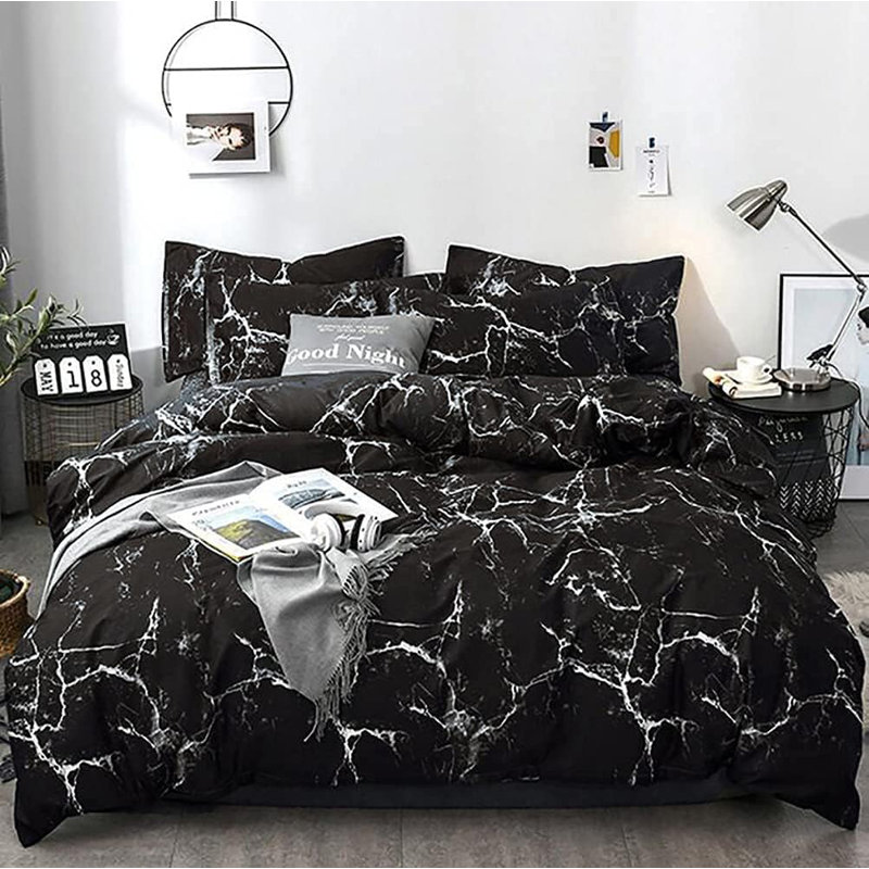 Comforter Set Geometric Bedding Set 3 Pieces Strips Grid Comforter Set, Full Comforter + 2 Pillowcases, Black Marble