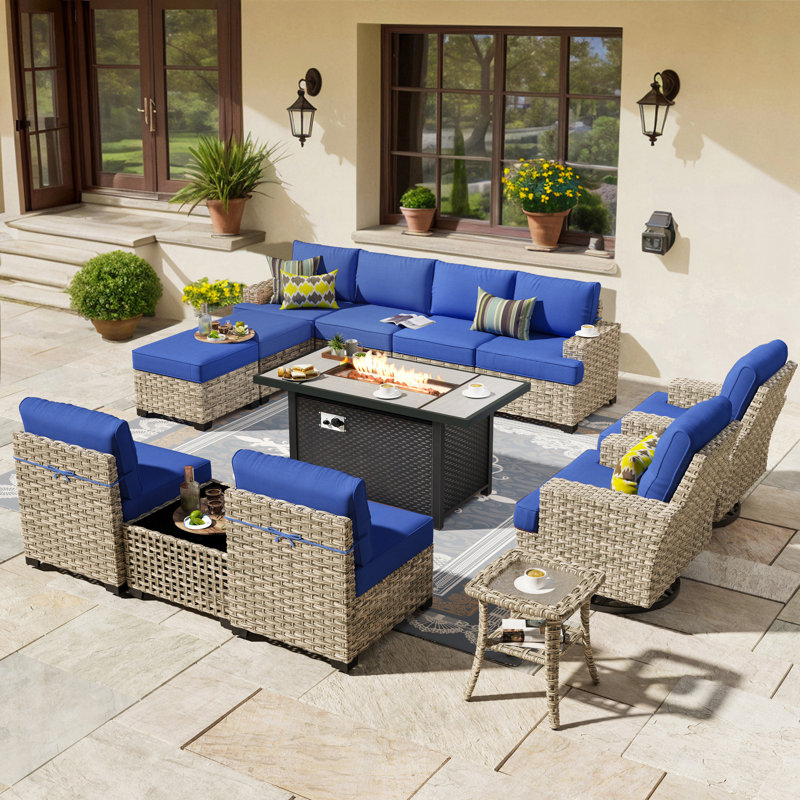 14- Person Rattan Outdoor Seating Group With Swivel Rockers and Fire Pit Table, Navy