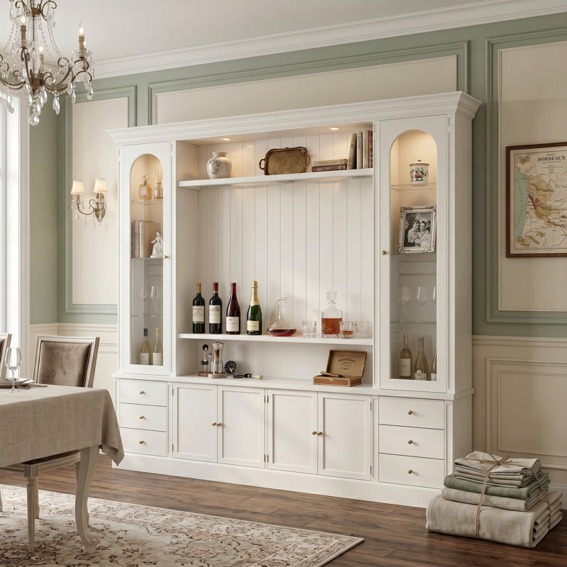 Grande armoire à vin de 102 po avec portes et lumières en verre - rangement avec 6 tiroirs, tablettes ouvertes