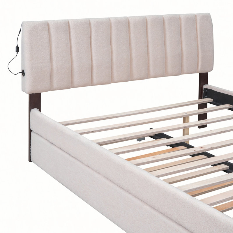 Lit plateforme tapissier Teddy avec lit gigogne simple, confortable et élégant pour les chambres modernes, Beige, Grand