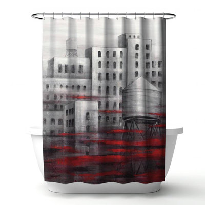 Gray City with Red Clouds – Urban Home – Polyester Shower Curtain, Dye Sublimation Print, 71" W × 74" L