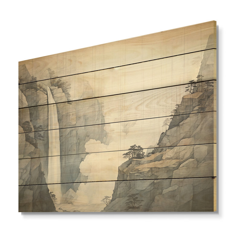 Beige et gris, simple cascade de falaise - panneau de bois en cascade, art mural sur bois de pin naturel, H 10 po x l 20 po