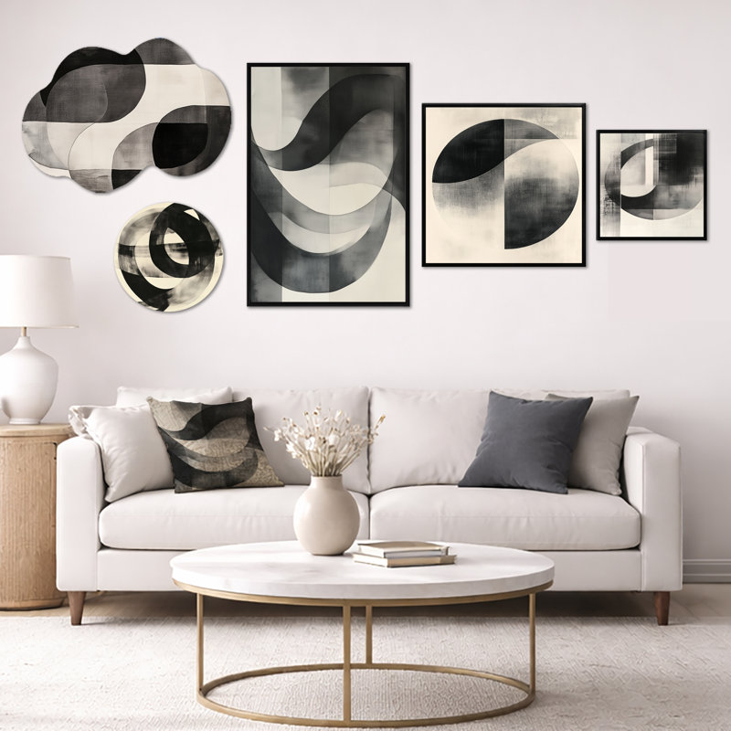 Géométrie noire et blanche «Minimal Curves - Décoration murale abstraite surdimensionnée», ensemble de 5 pièces d'art mural et impression sur toile encadrée (100 po x 40 po)