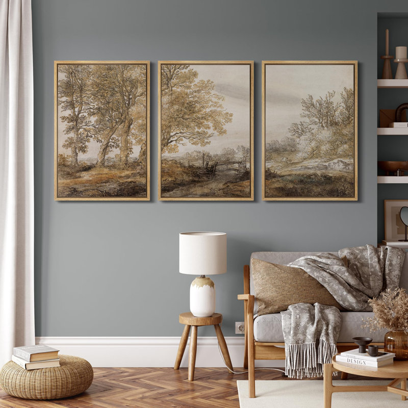«Pastoral Elegance Golden Age Landscape Nature Wilderness Illustration Decor Panoramic Earth» 3 pièces, H 36 po x l 24 po