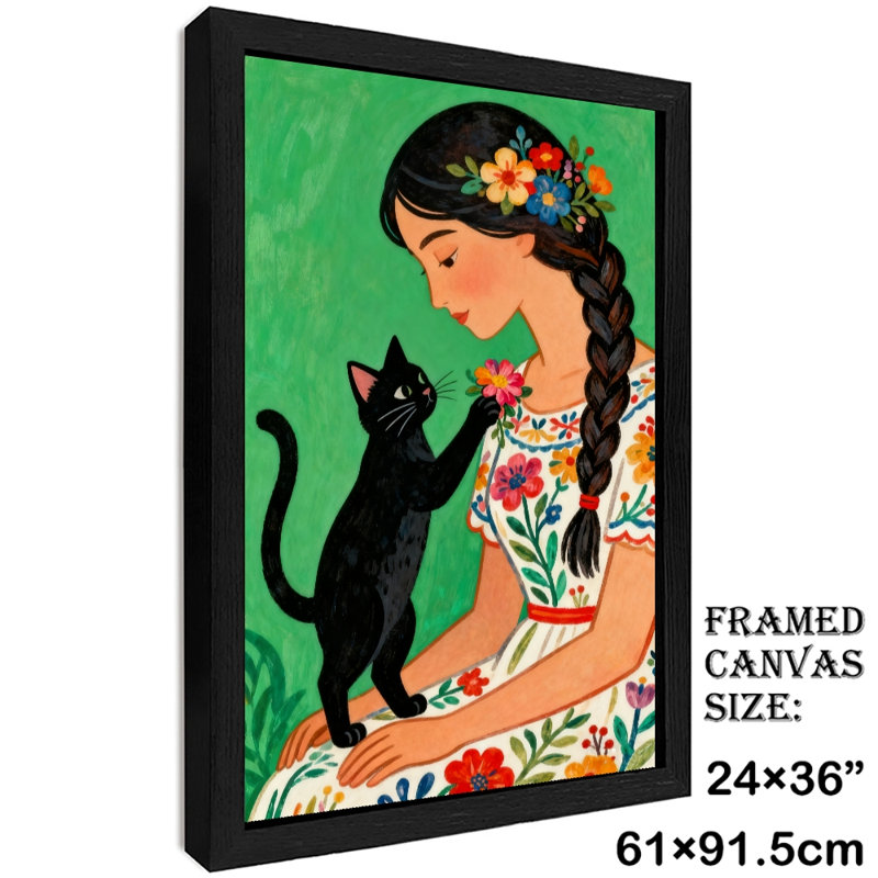 Art rétro encadré noir, "Fille jouant avec un chat", impressions de style rétro, H 37 po x l 25 po