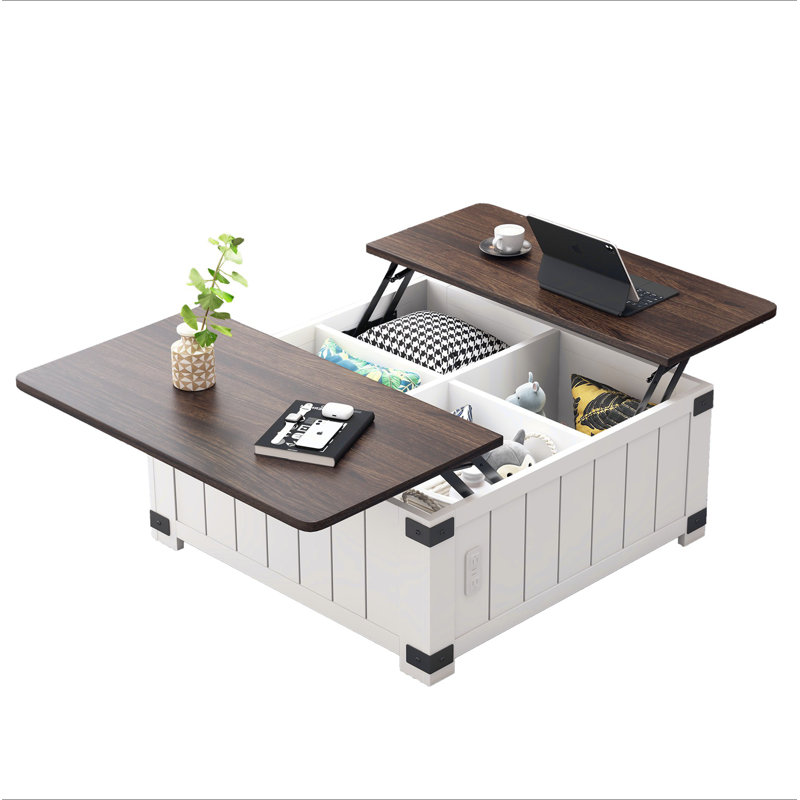 Farmhouse Lift Top Coffee Table With Storage, Wood Square Center Table With Charging Station&USB Ports, Living Room Central Table 4 Grids Large Hidden Space, For Living Room, Bedroom, Home Office