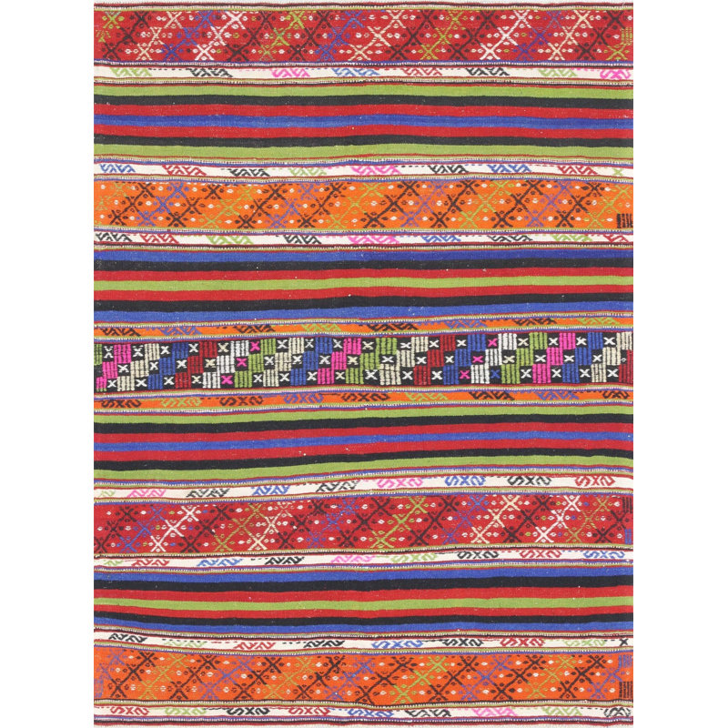 Tapis unique en laine noué à la main de style années 1960 de 5 pi 3 po x 7 pi en orange / bleu / vert