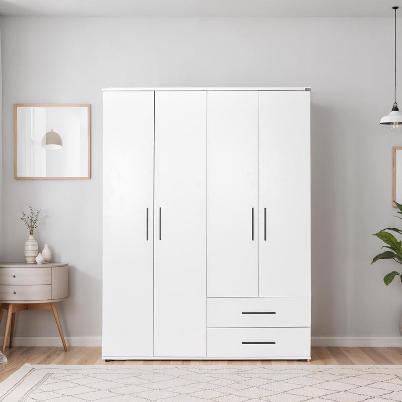 Matt White 4 Door 2 Drawer Combi Wardrobe With Shelves