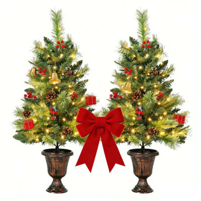 2 Pack 36 Inch Tabletop Artificial Christmas Tree with Pine Cones and Red Berries, Pre Lit Mini Xmas Tree Decor