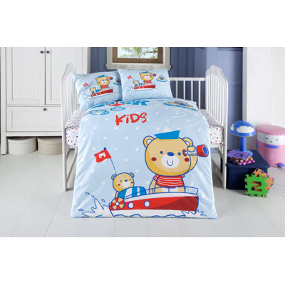 Ensemble de housse pour courtepointe en coton doux pour bébé Ranforce (3 pièces) | Comprend une housse de couette de 39,4 po x 59,1 po, un drap plat de 39,4 po x 59,1 po et 2 taies d'oreiller de 13,8 po x 17,7 po | Lavable à la machine, bleu / blanc e