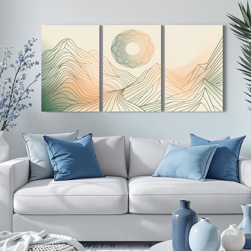 Ensemble de 3 tableaux abstraits de paysages de montagne sur toile tendue, H 18 po x l 36 po