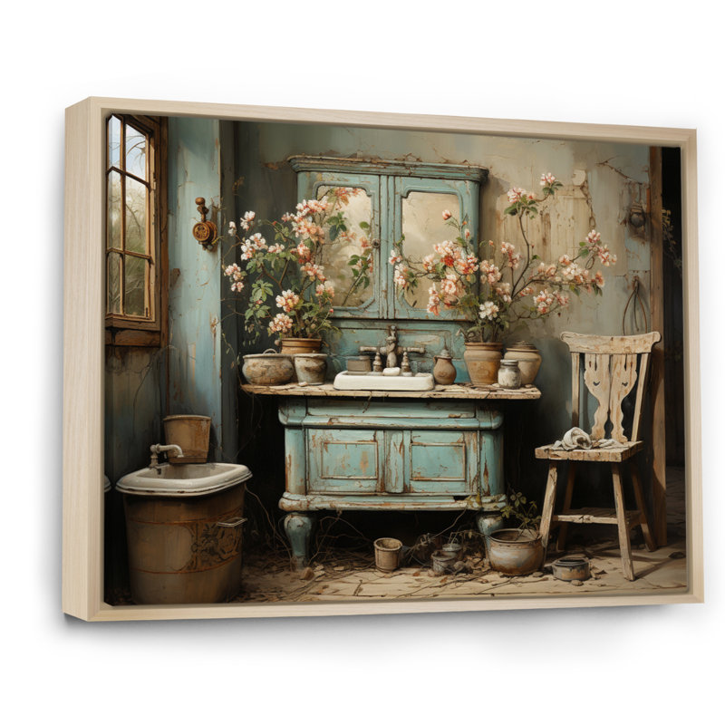 «Bathroom Bathroom Vintage Charm I» - Art mural encadré pour salle de bain, H 16 po x l 32 po x P 1 po, Cadre flottant érable