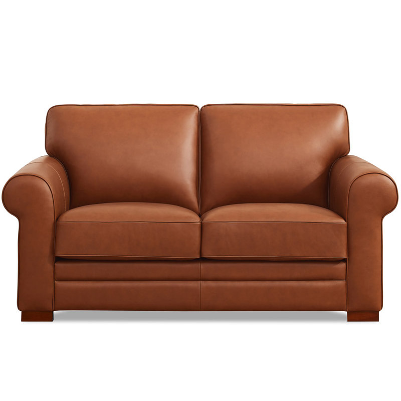 Cinnamon Brown Tufted Leather Loveseat with Wood Feet