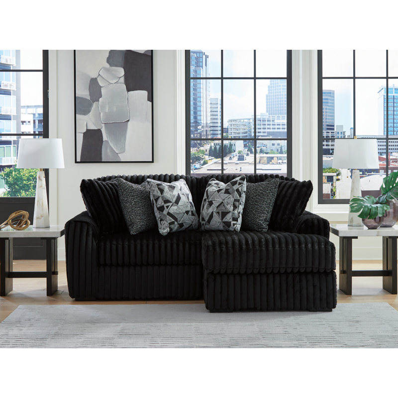 Canapé modulaire 2 pièces avec méridienne Irie, Polyester noir, Orienté à droite
