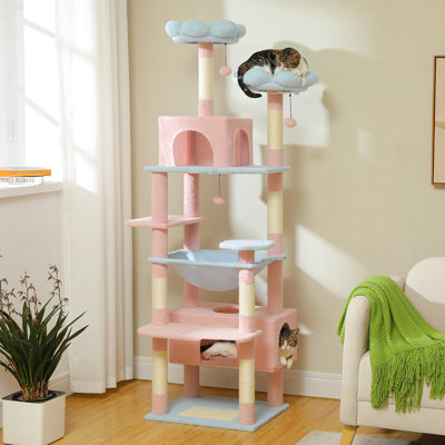 Large Cat Tower For Large Cats, Cat Condo With Sisal-Covered Scratching Posts And Pads, 2 Padded Perch, Dual Condo And Basket