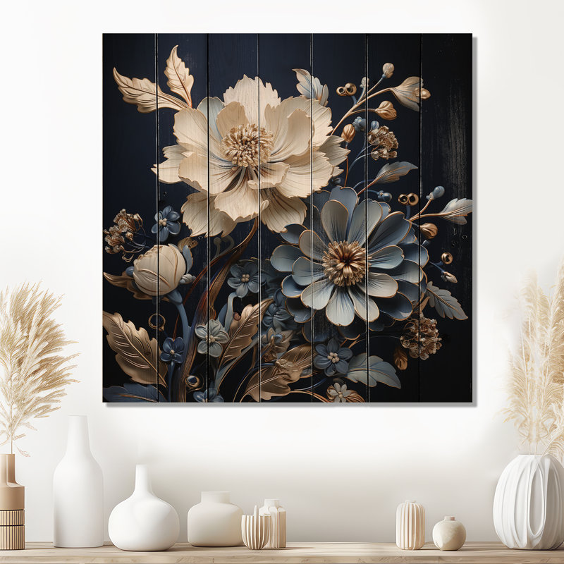 Impression moderne sur bleu et blanc avec fleurs de bleuet blanc - Bois de pin naturel, H 30 po x l 30 po