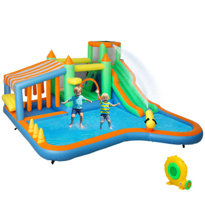 Qaba Inflatable Water Slide with Large Splash Pool, 8 in 1 Bouncy House Water Park with High Power Blower, Ball Pit, Water Cannon, Climbing Wall, Toss Ring, Basketball Hoop
