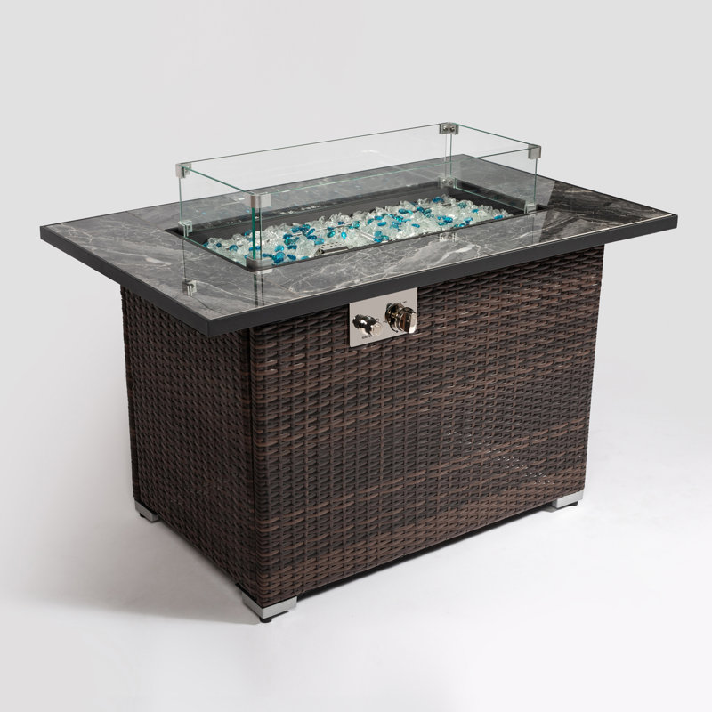 Foyer d'extérieur de 50000 BTU avec comptoir en céramique, fosse d'extérieur de 44 pouces, rectangulaire, couvercle, housse de pluie, pierres en verre scintillantes, fosse au propane à finition extérieure, couleur brillante