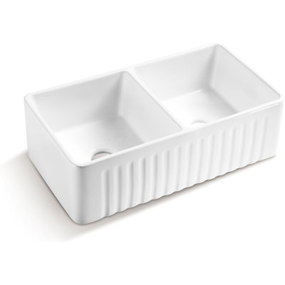Évier de cuisine en céramique blanc à double cuve 33 * 18 * 10 "- Chaleur, rouille anti-taches, conception remarquable antirouille, magnifique