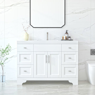 Ensemble de meuble-lavabo autoportant blanc mat avec comptoir en quartz de Carrare 48 po Aurilla